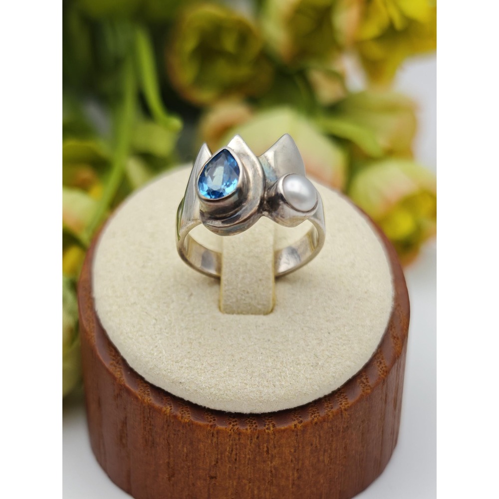 Brutalist Artisan Statement Ring Women Size 6 Silver Blue Topaz Pearl 925